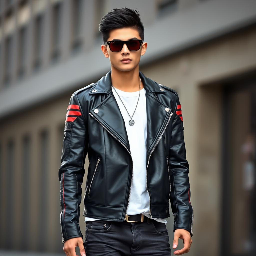 A young adult male standing confidently at 173 cm tall, dressed in a sleek black leather motorcycle jacket adorned with striking red lines