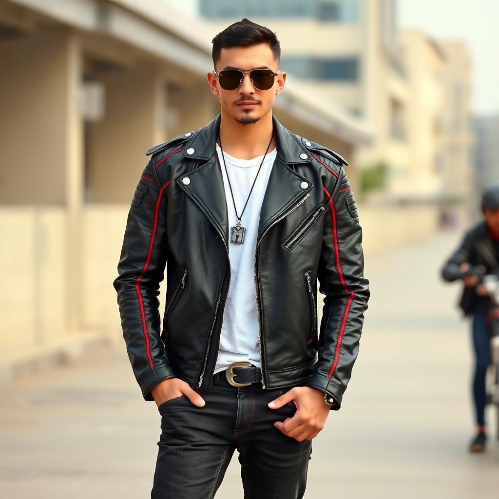 A young adult male standing confidently at 173 cm tall, dressed in a striking black leather motorcycle jacket with red lines