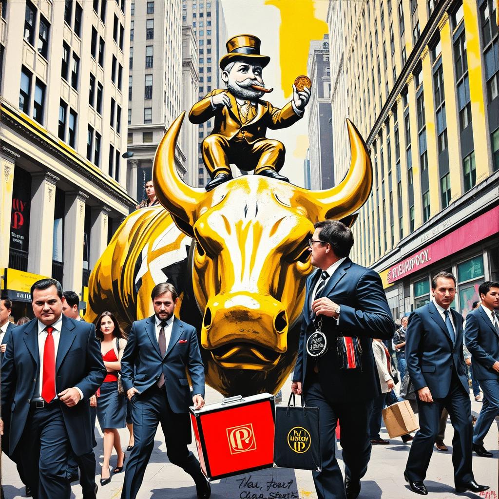 A vertical acrylic painting (100×150 cm) in a pop art style blended with graffiti, inspired by Alec Monopoly