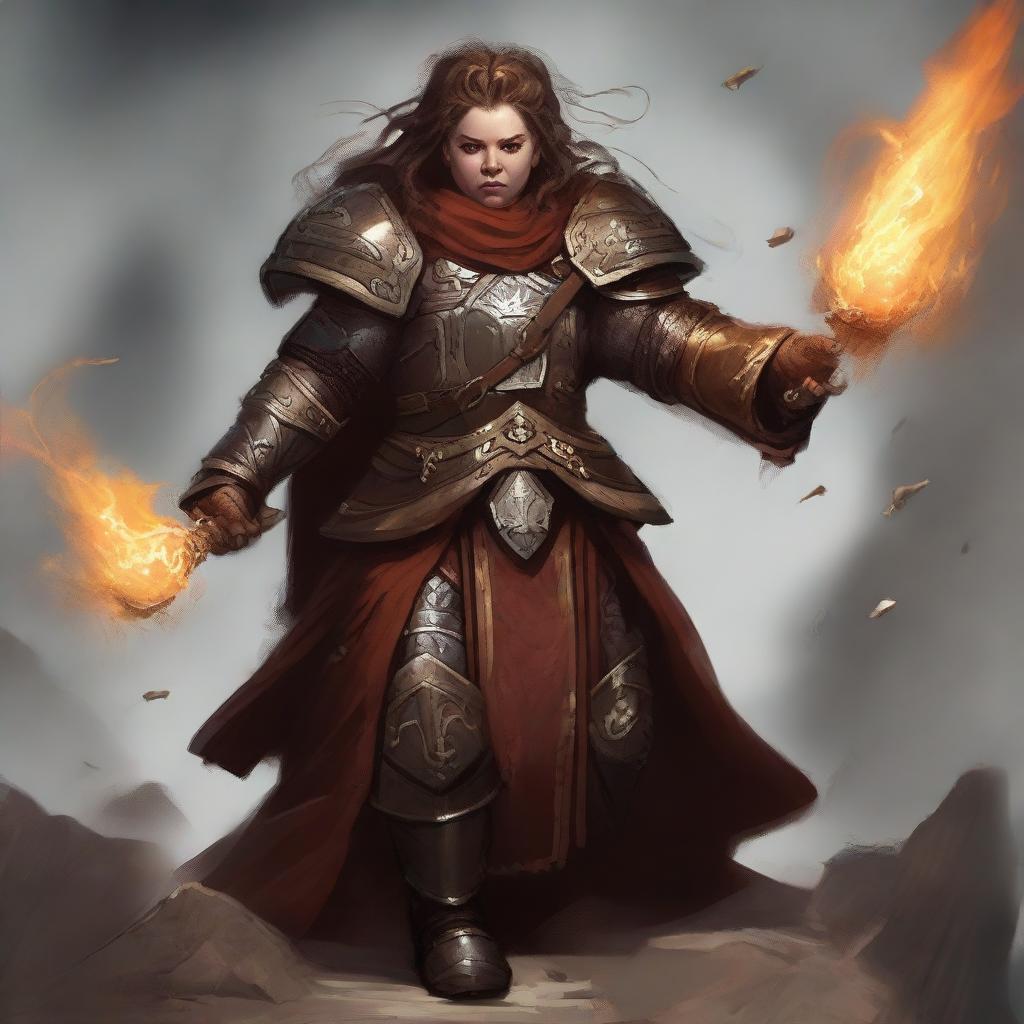 A fearsome female dwarf kineticist donned in resplendent fullplate armor, encircled by a potent whirlwind of wooden and earthen fragments demonstrating her elemental prowess.