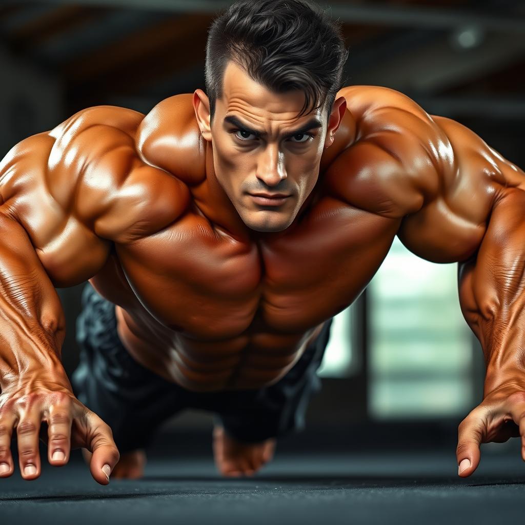 A strong, well-defined male figure performing push-ups, showcasing toned arms and muscular physique