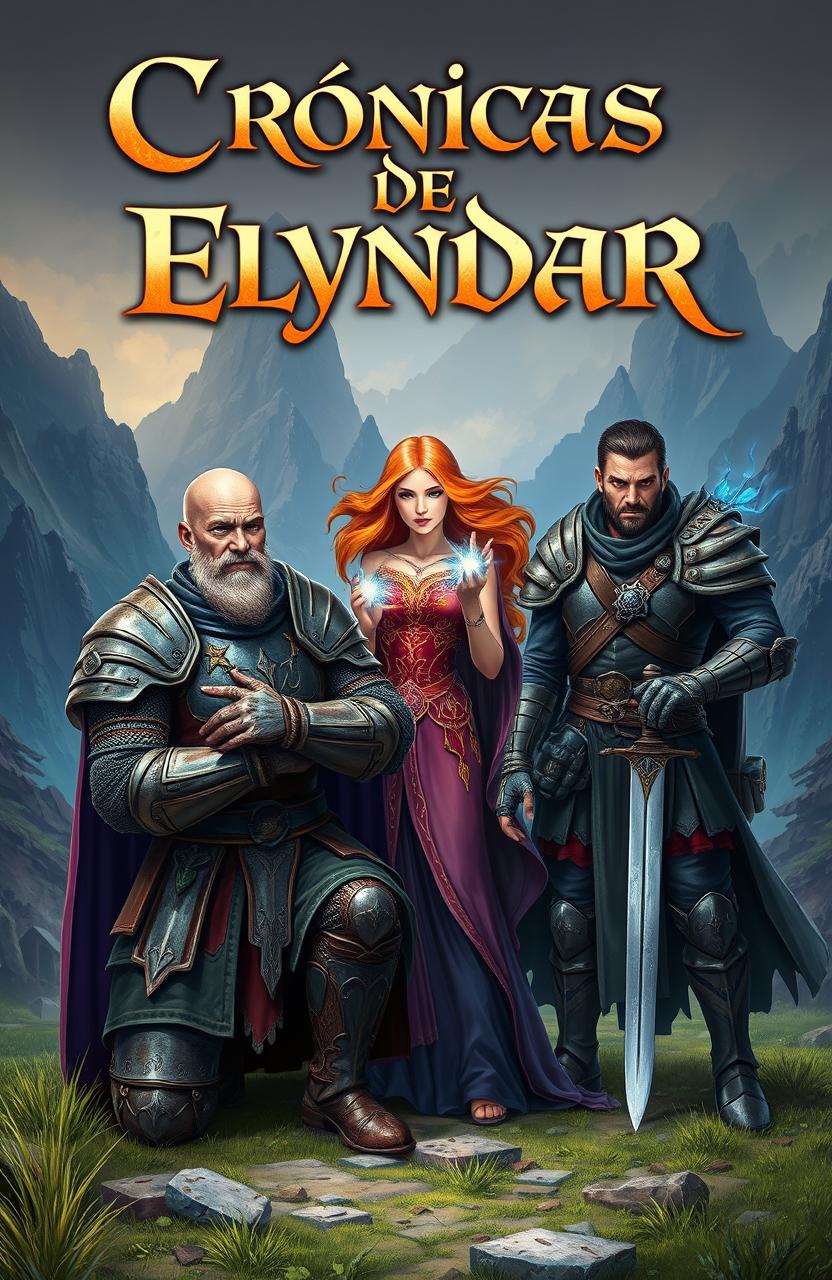 A bald knight with a beard kneeling beside a sorceress and a warrior, set in a fantastical landscape with towering mountains and mystical elements