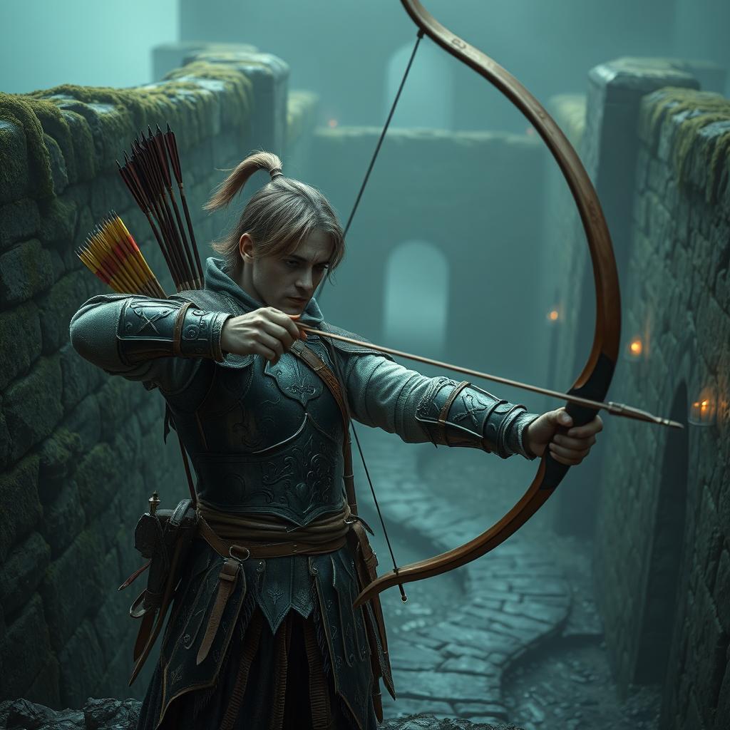 A skilled archer from the medieval era, exuding energy and determination, dressed in intricate armor with a quiver full of arrows
