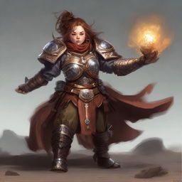 A fearsome female dwarf kineticist donned in resplendent fullplate armor, encircled by a potent whirlwind of wooden and earthen fragments demonstrating her elemental prowess.