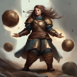 A fearsome female dwarf kineticist donned in resplendent fullplate armor, encircled by a potent whirlwind of wooden and earthen fragments demonstrating her elemental prowess.