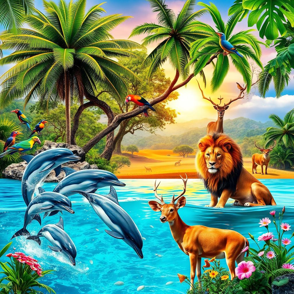 A majestic and vibrant scene showcasing a diversity of animals in their natural habitats