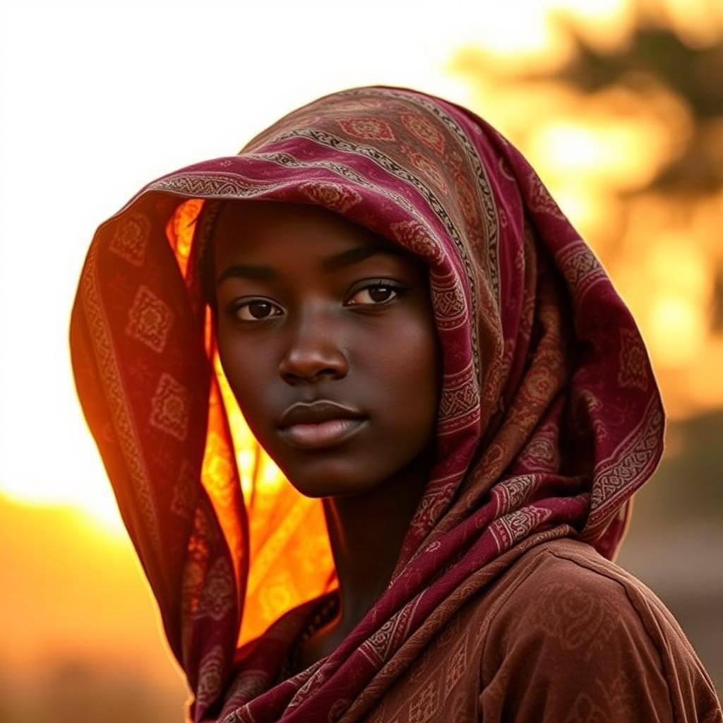 A person wearing a cloth wrapped around their head, standing confidently with a serene expression
