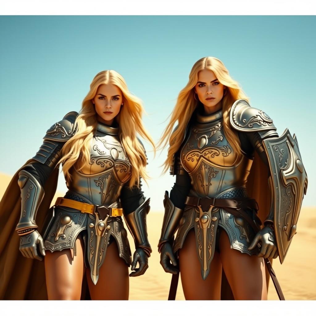 Two strong women with long blonde hair, wearing shining medieval Knight armor, standing confidently in a vast, sandy desert under a clear blue sky