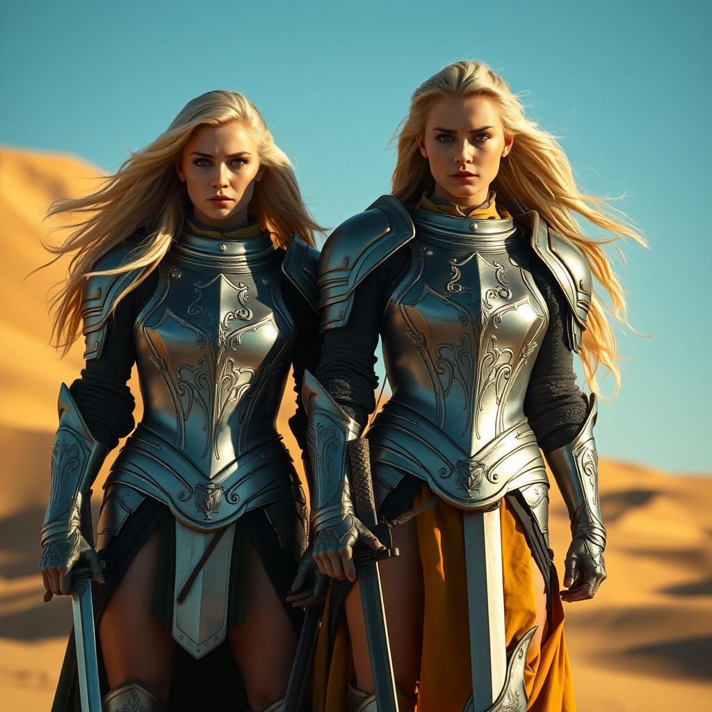 Two fierce and powerful women with flowing blonde hair, clad in intricately designed knight's armor, stand confidently in a vast desert landscape