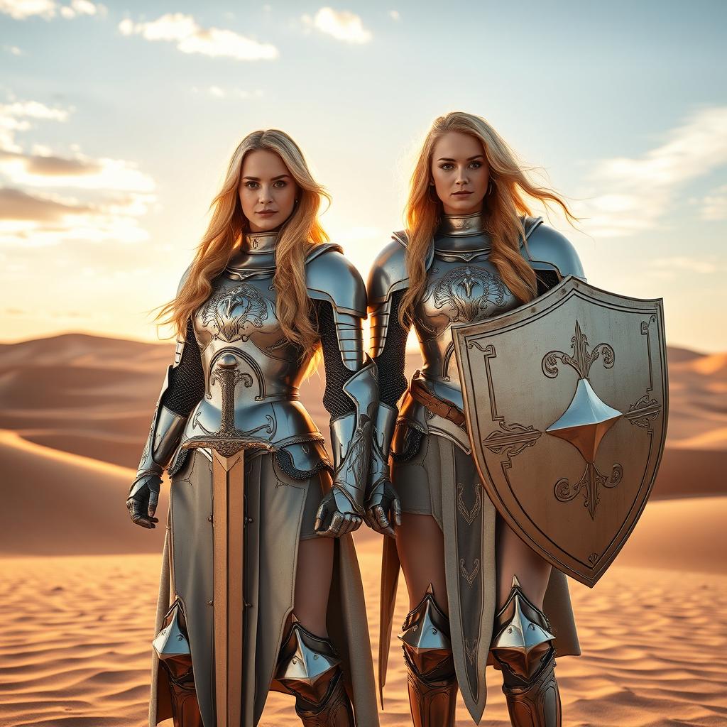Two women with long flowing blonde hair, clad in shining, ornate knight's armor, standing confidently in a vast desert landscape