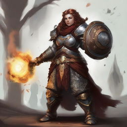 A fearsome female dwarf kineticist donned in resplendent fullplate armor, encircled by a potent whirlwind of wooden and earthen fragments demonstrating her elemental prowess.