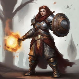 A fearsome female dwarf kineticist donned in resplendent fullplate armor, encircled by a potent whirlwind of wooden and earthen fragments demonstrating her elemental prowess.