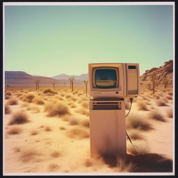 A nostalgic Polaroid picture of an 80s computer installed on a post in the expansive desert.