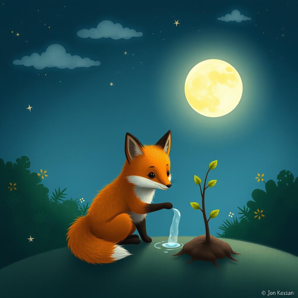 Under the moonlight, a small fox is watering a young sapling, illustrated in the whimsical style of Jon Klassen