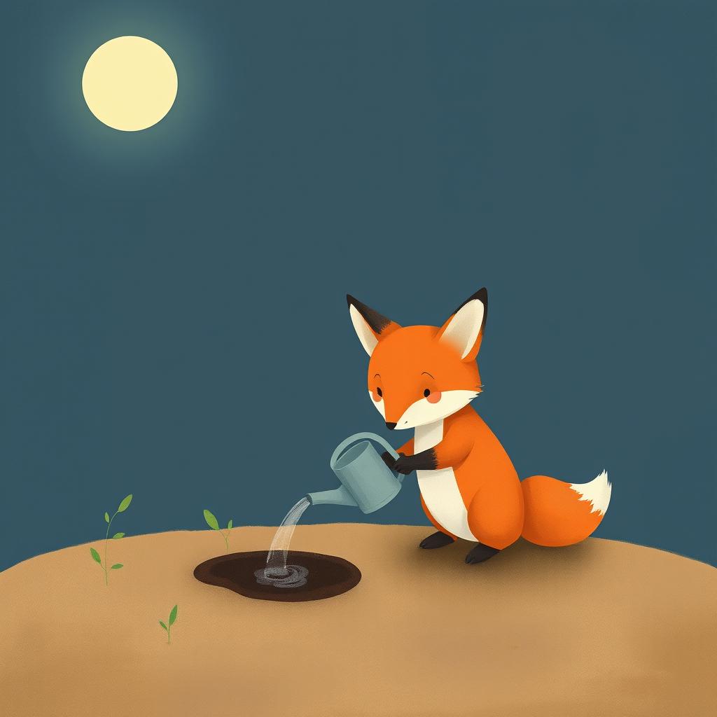 Under the moonlight, a small fox is watering the ground with a watering can, illustrated in the style of Jon Klassen