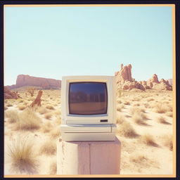 A nostalgic Polaroid picture of an 80s computer installed on a post in the expansive desert.