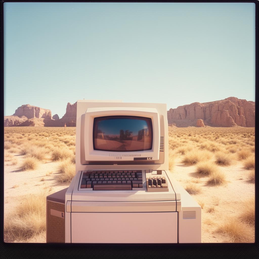 A nostalgic Polaroid picture of an 80s computer installed on a post in the expansive desert.