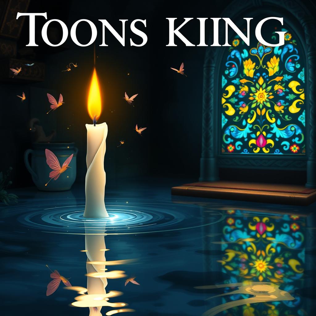A stunning novel cover for "Toons King, the Little Candle in My Heart" featuring a fragile, beautiful candle with its reflection shimmering like a mirror on water below