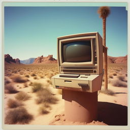 A nostalgic Polaroid picture of an 80s computer installed on a post in the expansive desert.