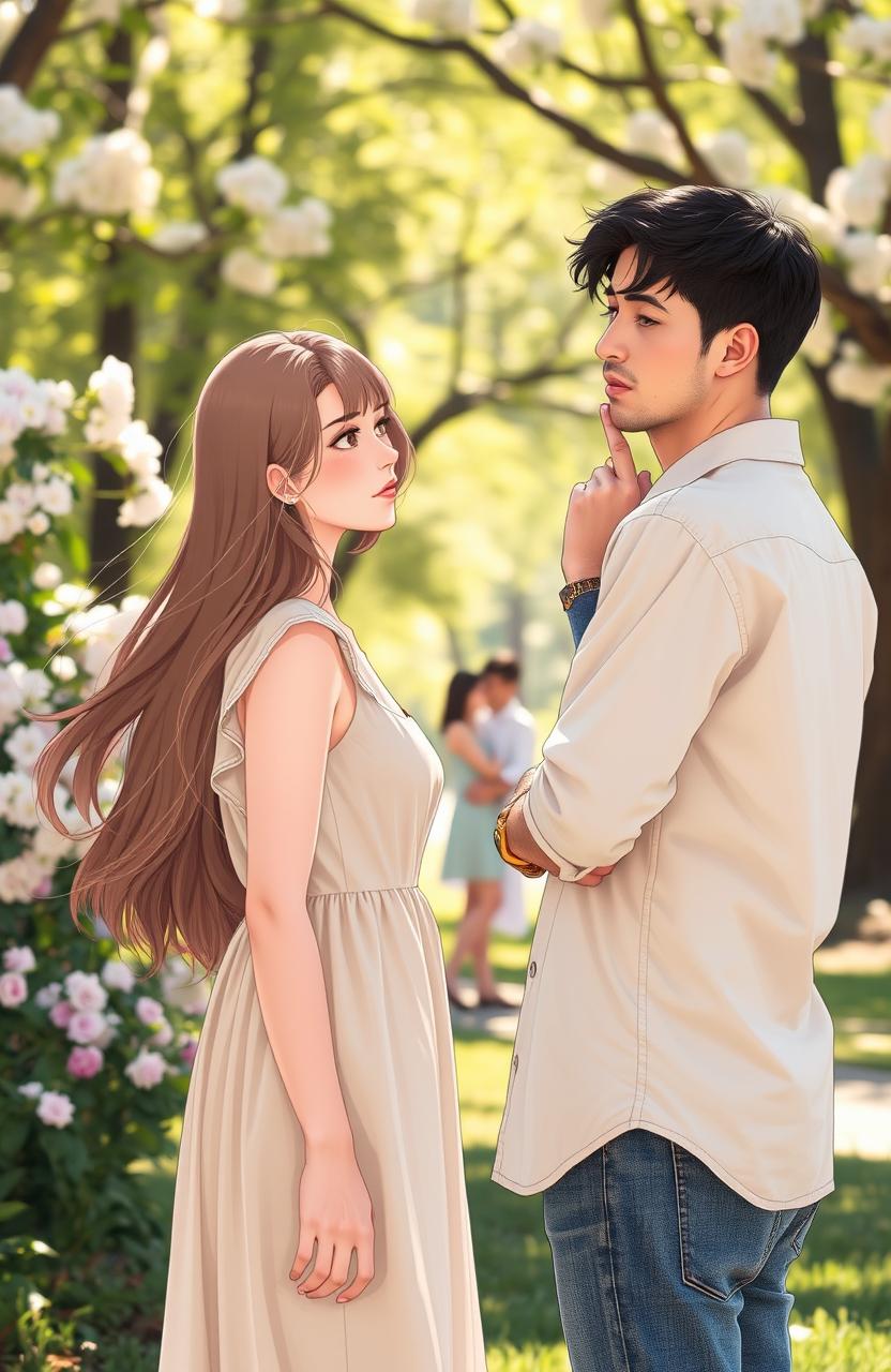 A romantic scene depicting two people in a beautiful park, where their love story has been unfolding for six years