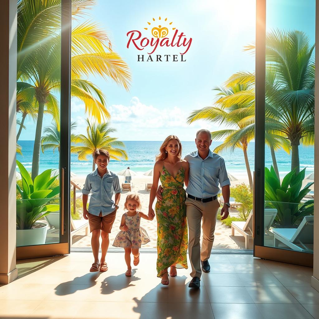 A realistic scene depicting a sibling couple on one side and their parents, a mother and father, exiting a hotel, prominently featuring the hotel's logo and name "Royalty Barra Hotel"