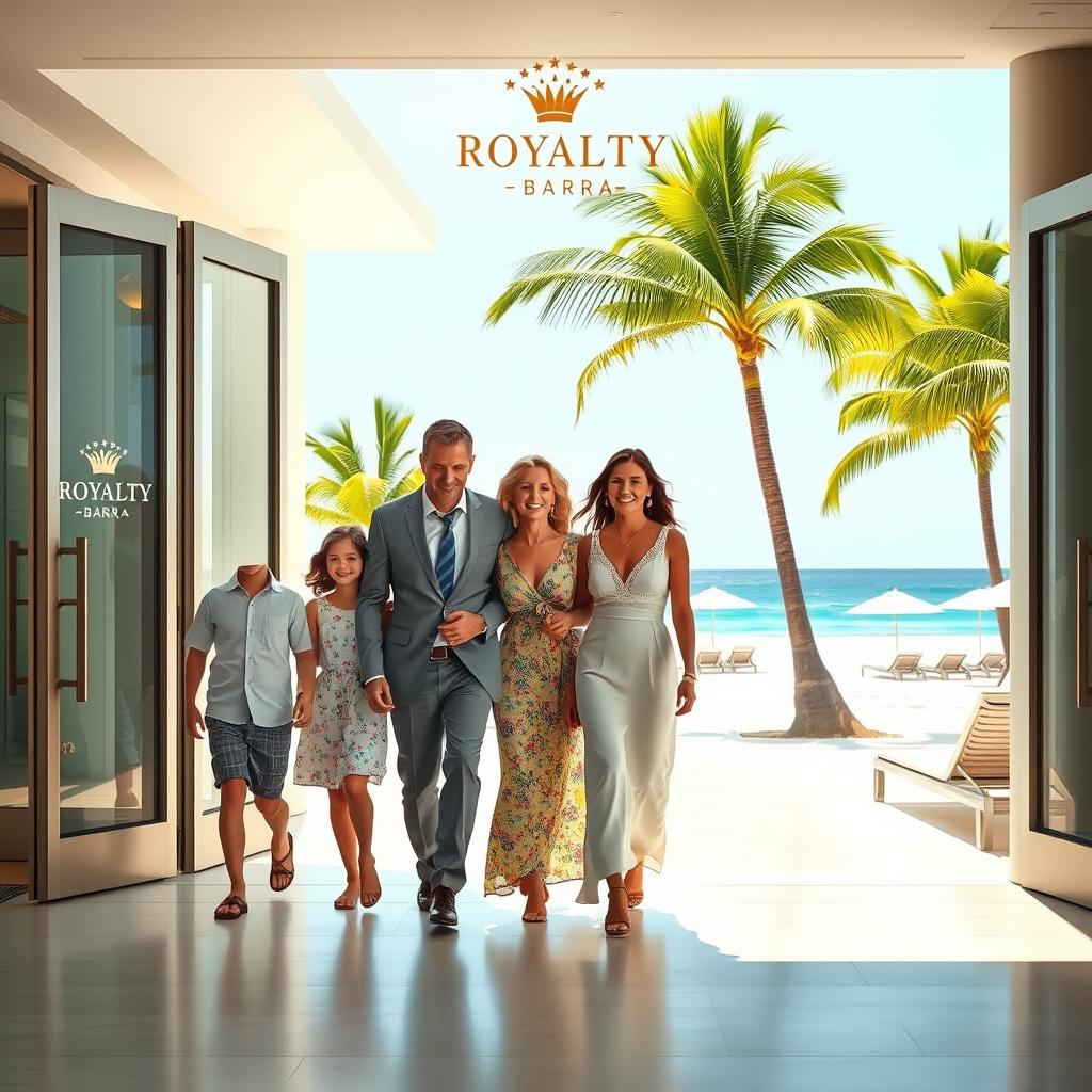 A realistic scene depicting a brother and sister on one side, and a couple representing mother and father on the other, exiting a hotel with a visible logo featuring the name 'Royalty Barra Hotel'