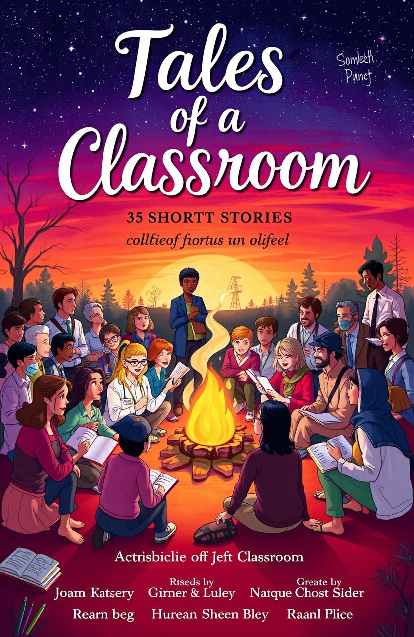 A visually engaging cover for a collection of short stories, showcasing a diverse group of 35 characters representing various professions and backgrounds, all depicted in an imaginative and artistic style