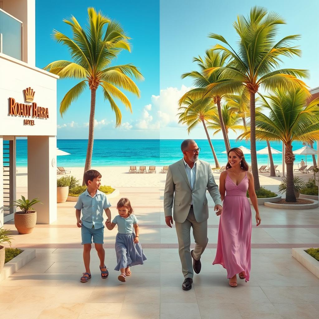 A realistic scene depicting a couple of siblings on one side, and on the other side, a couple acting as mother and father exiting a hotel labeled with the logo "Royalty Barra Hotel"