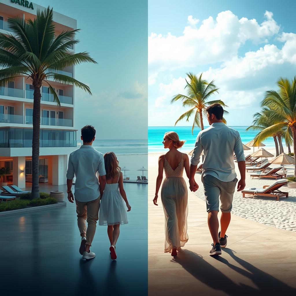 A realistic depiction of a brother and sister couple on one side, with a romantic couple (mom and dad) on the other side, both near a luxurious hotel with a prominent logo displaying the name "Royalty Barra Hotel"