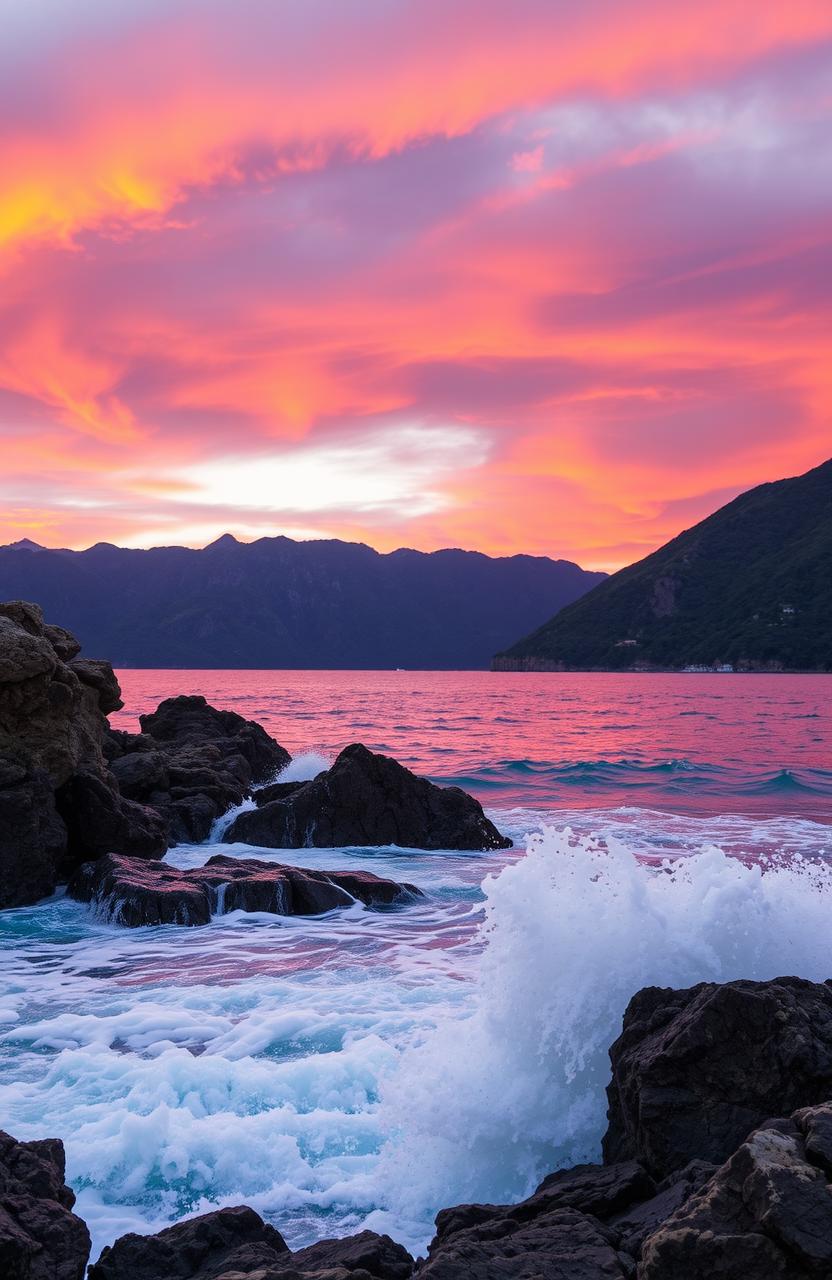 A vibrant horizon over a mountainous bay, with colorful hues of orange, pink, and purple in the sky during sunset