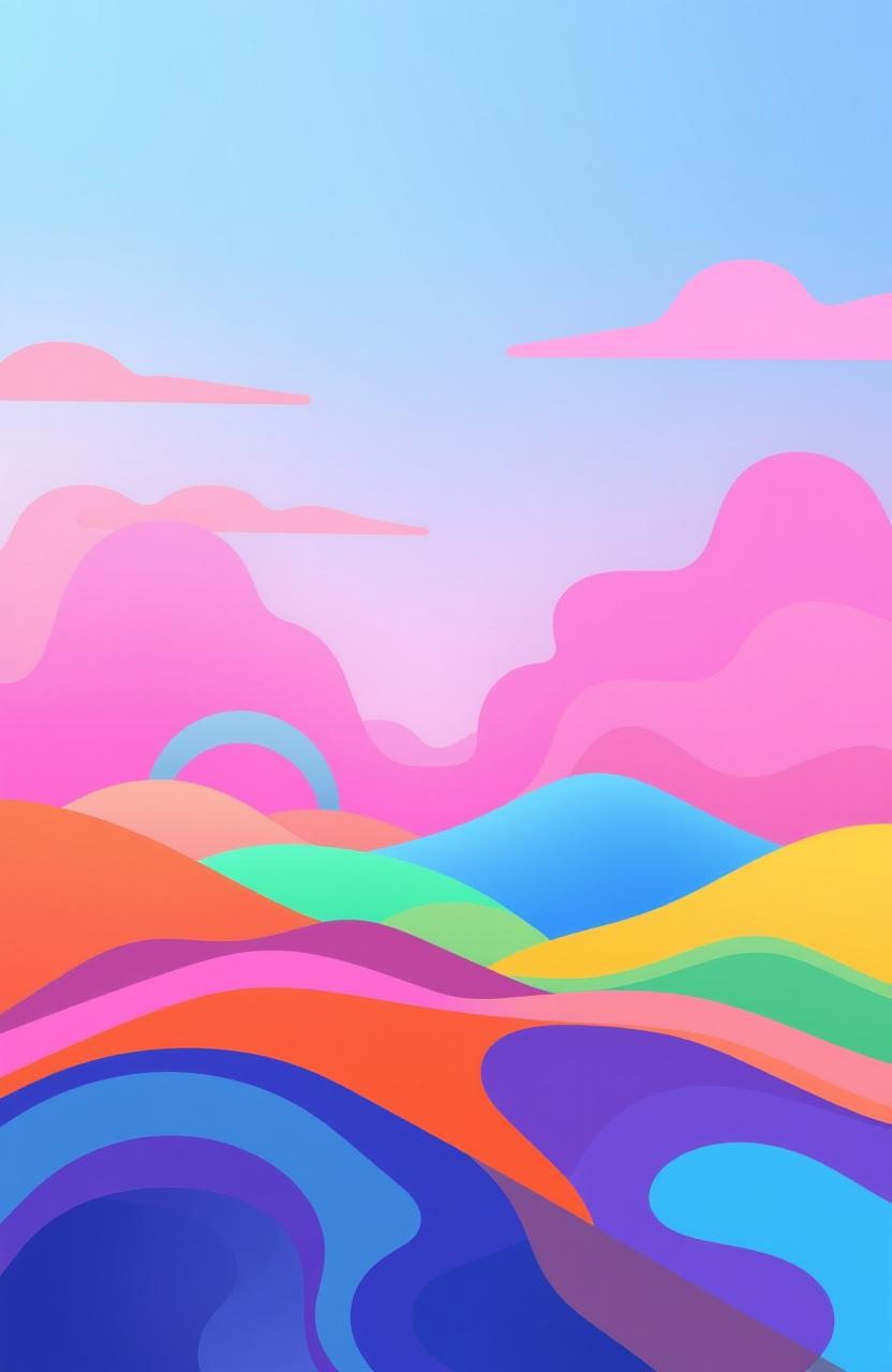 A colorful and abstract horizon in a flat 2D style, featuring vibrant and whimsical colors that blend together, creating an imaginative landscape