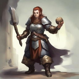 An imposing female dwarf kineticist, attuned to wood and earth, clad in heavy armor. She wields her power to suspend slabs of stone and wood in the air around her.