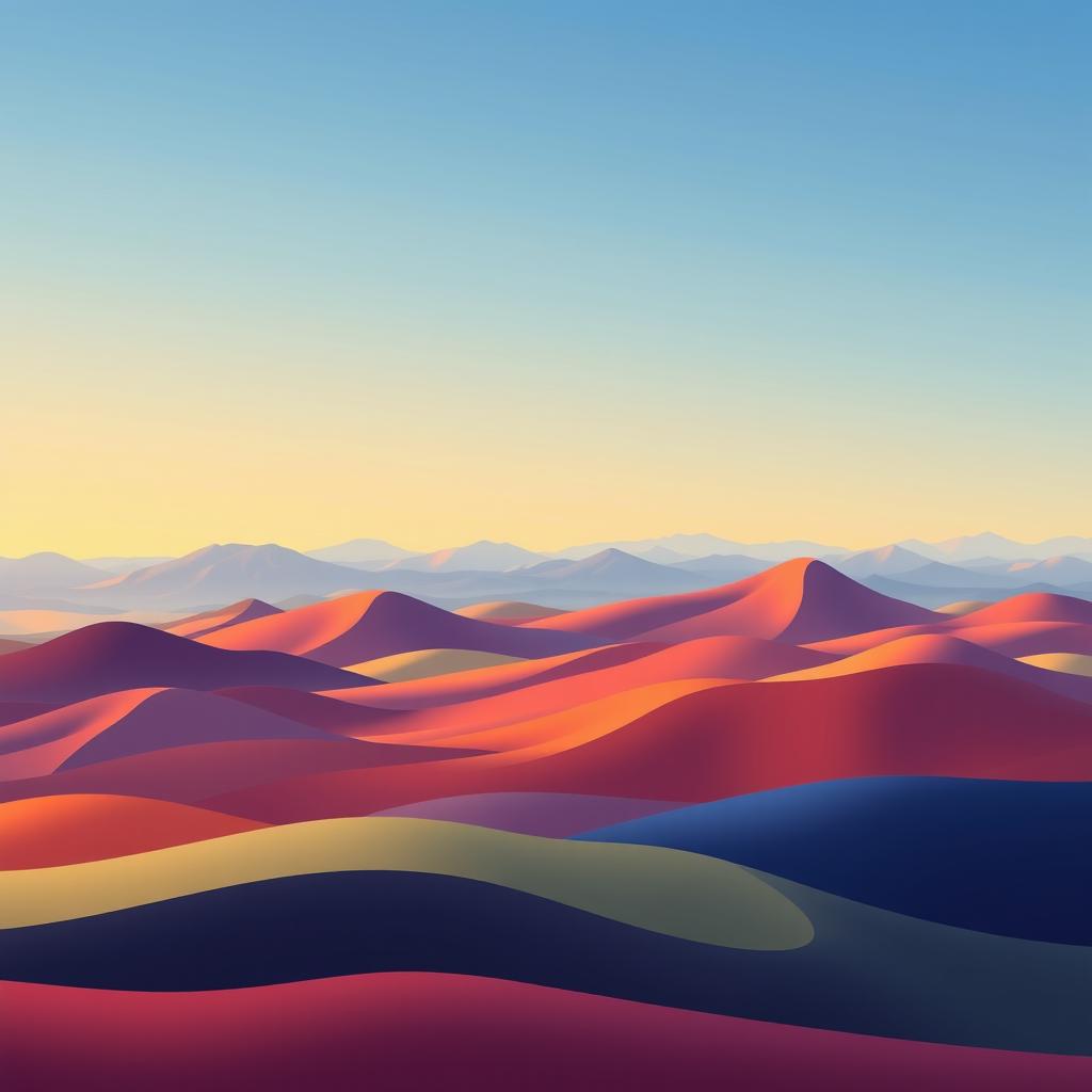 An abstract horizon depicted in a flat 2D style, showcasing a range of bold colors and unique shapes that fuse together in a harmonious composition