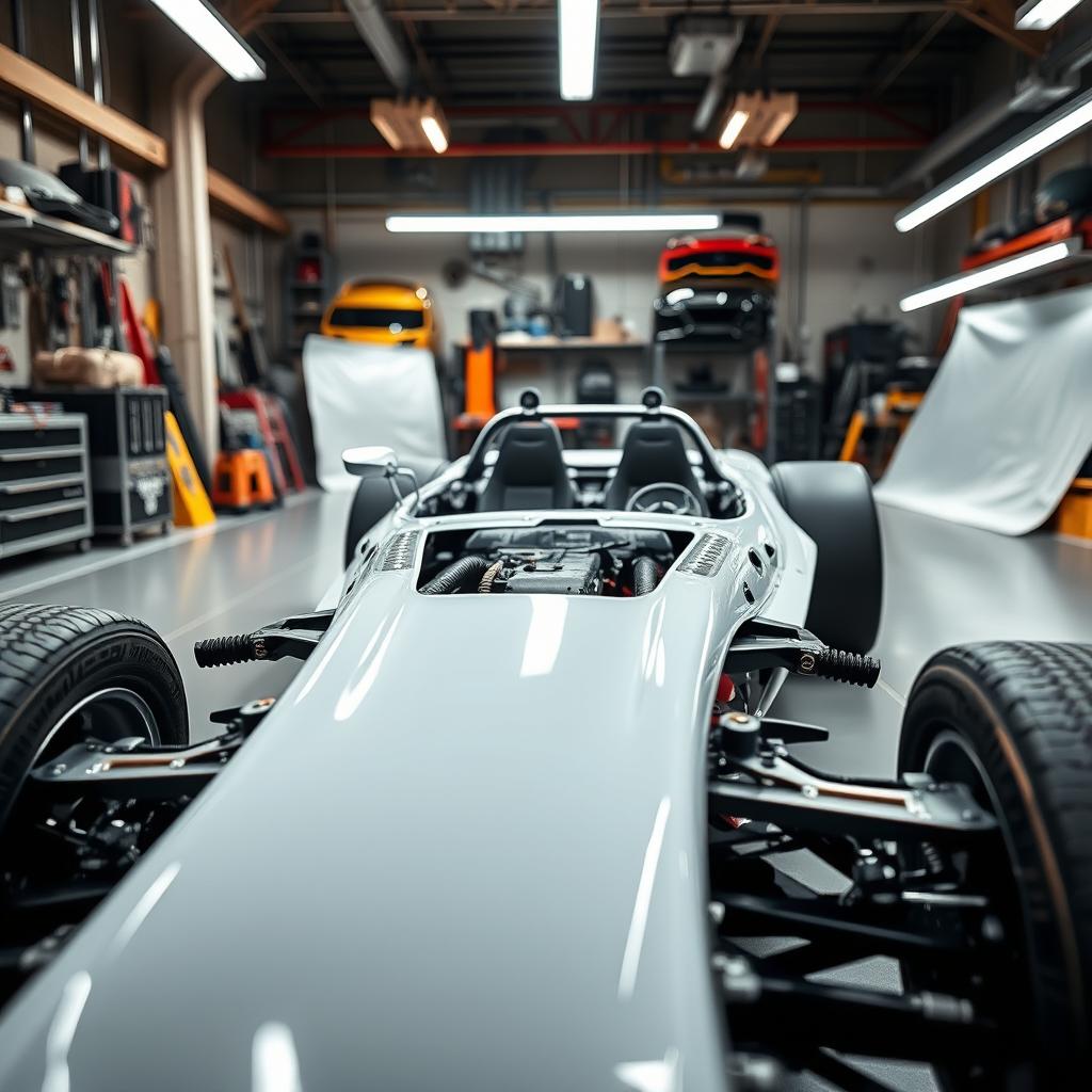 A stunning close-up view of a sports car chassis designed for fiberglass construction, showcasing sleek lines and an aerodynamic profile