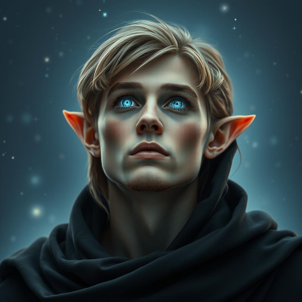 An astral elf man, gazing into the cosmos, featuring stunning space patterns in his eyes that reflect starlight and celestial bodies