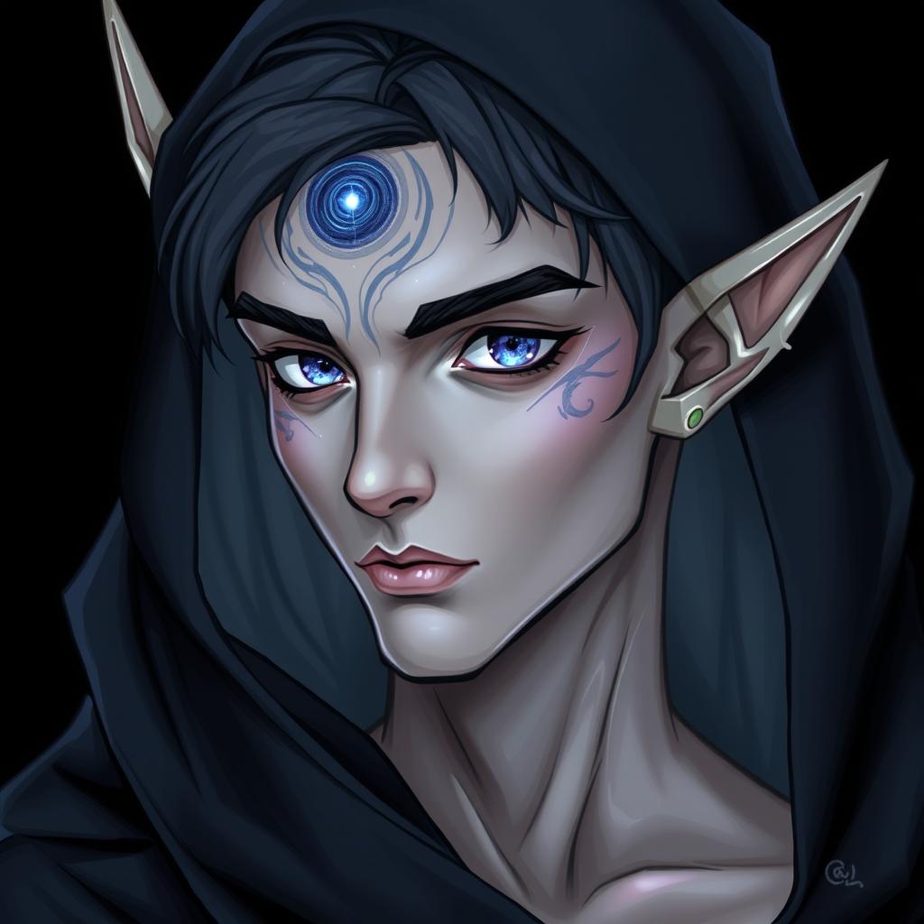 A male astral elf with striking features, showcasing celestial-like patterns on his skin