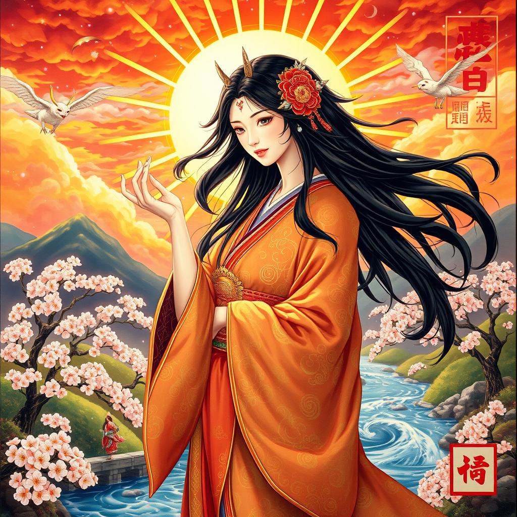 A beautiful painting of Amaterasu, the Japanese sun goddess, illuminating the world with her radiant light