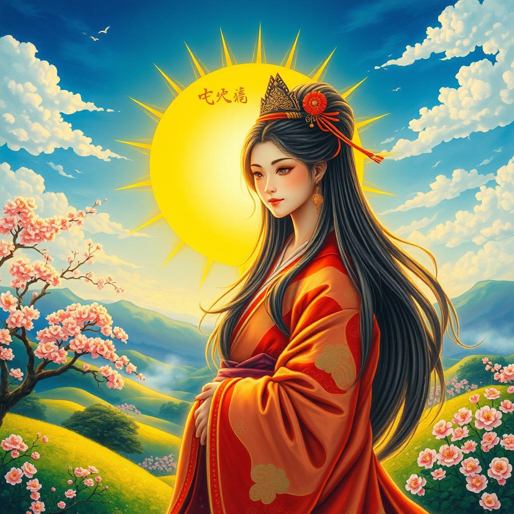 A vibrant and detailed painting of Amaterasu, the Japanese Sun Goddess, illuminating the world
