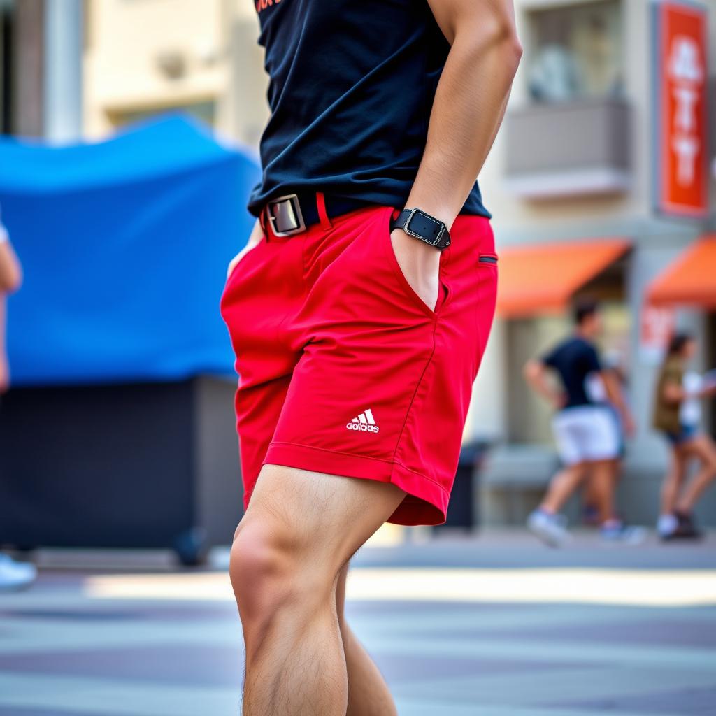 A stylish individual confidently wearing red shorts, showcasing their fashion sense