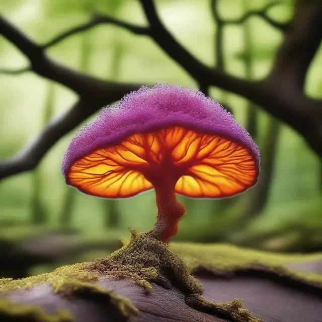 In the magical realm of Zephyria, an antheridiophore grows on the rare Enchanted Oak, releasing its mystical spores.