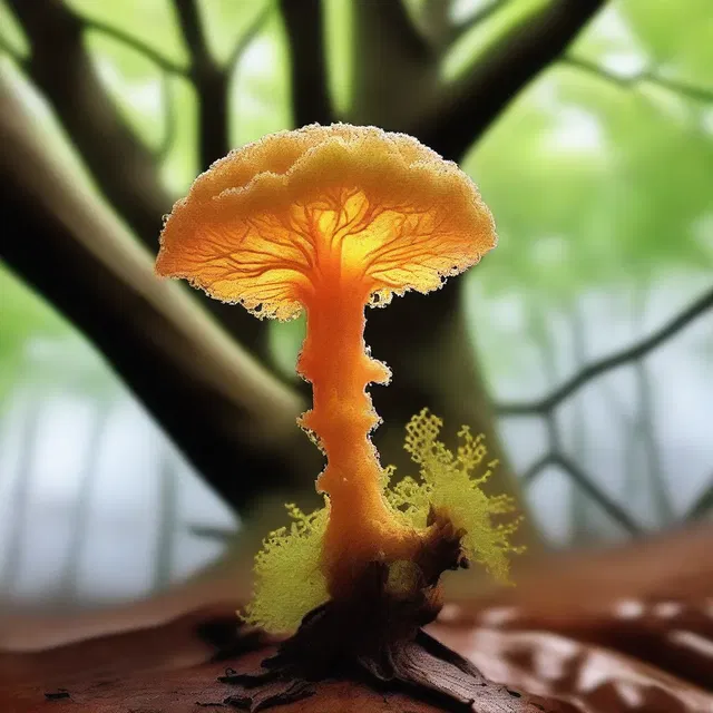 In the magical realm of Zephyria, an antheridiophore grows on the rare Enchanted Oak, releasing its mystical spores.