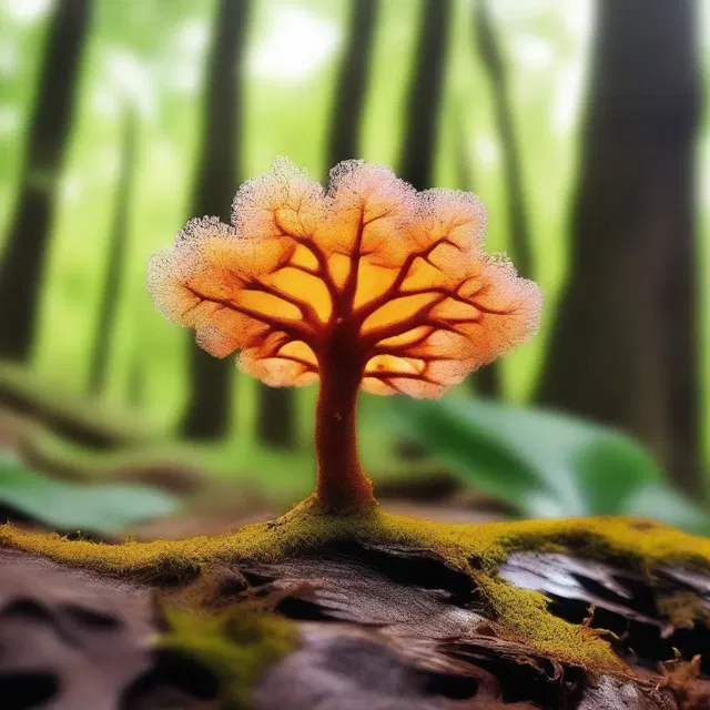 In the magical realm of Zephyria, an antheridiophore grows on the rare Enchanted Oak, releasing its mystical spores.