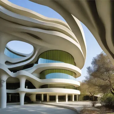 The modernist building featured a stunning antheridiophore-inspired structure, with its unique form and curvature.