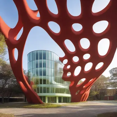 The modernist building featured a stunning antheridiophore-inspired structure, with its unique form and curvature.