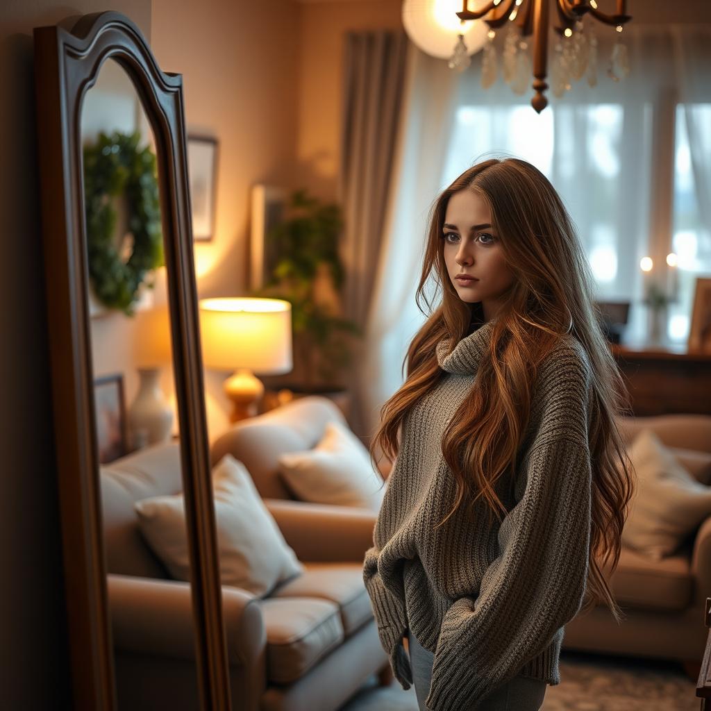 A realistic photo of a beautiful 30-year-old girl named Emily standing in a cozy room, gazing into a mirror