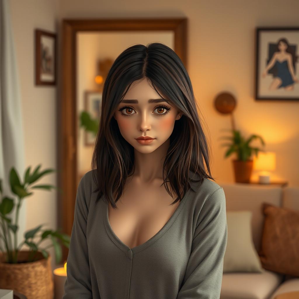 A realistic photo of a beautiful 30-year-old brunette girl named Emily with medium-length hair, standing in a cozy room