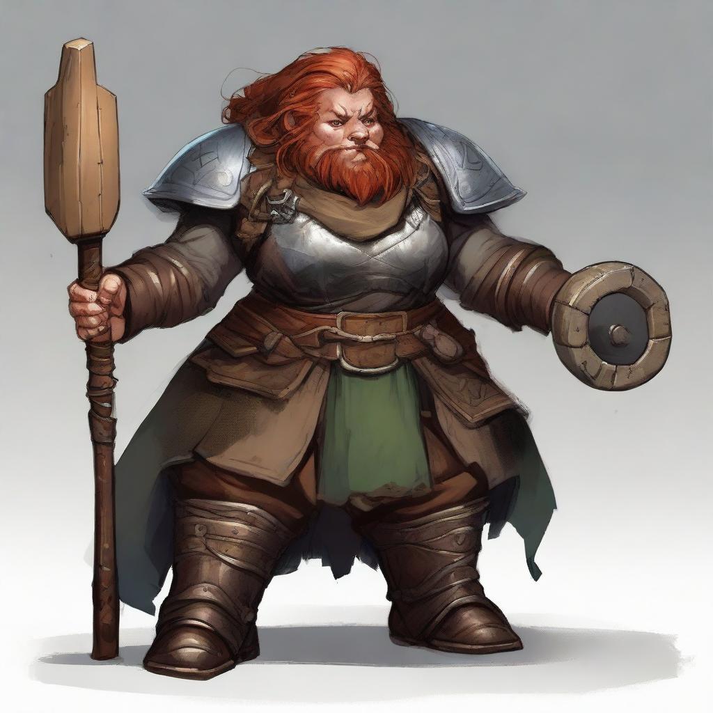 An imposing female dwarf kineticist, attuned to wood and earth, clad in heavy armor. She wields her power to suspend slabs of stone and wood in the air around her.