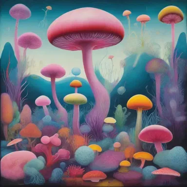 The artist's latest painting depicted a surreal landscape, with vibrant antheridiophores growing alongside fantastical creatures.