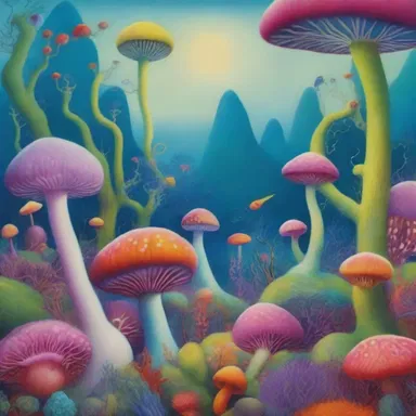 The artist's latest painting depicted a surreal landscape, with vibrant antheridiophores growing alongside fantastical creatures.