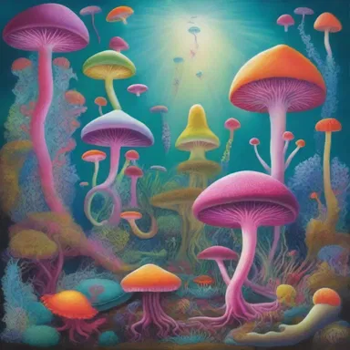 The artist's latest painting depicted a surreal landscape, with vibrant antheridiophores growing alongside fantastical creatures.